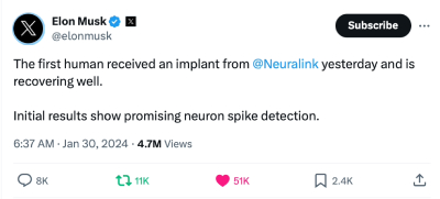 首位人类已接受Neuralink脑机芯片植入手术
