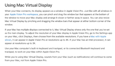 苹果VisionPro头显虚拟显示器功能支持旧款英特尔芯片Mac