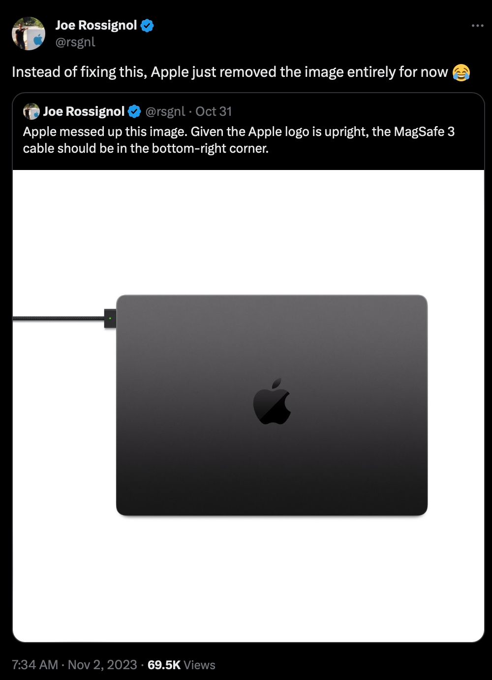 苹果悄然修正官网MacBookPro充电线错误配图
