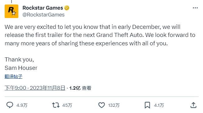 R星GTA6声明打破记录成为最受欢迎的游戏推文