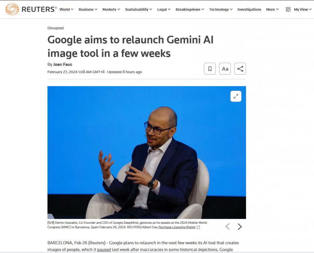谷歌希望未来数周内重新上线Gemini模型人像生成功能